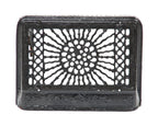 original and fully functional early 20th century antique american black enameled ornamental cast iron "flamboyant" pattern baseboard register with single louver