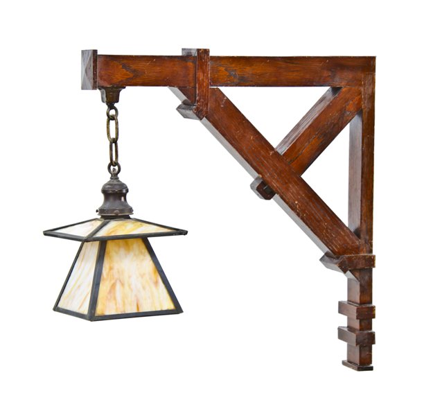 remarkable early 20th century american mission or craftsman style varnished oak wood oversized wall sconce with caramel slag glass shade