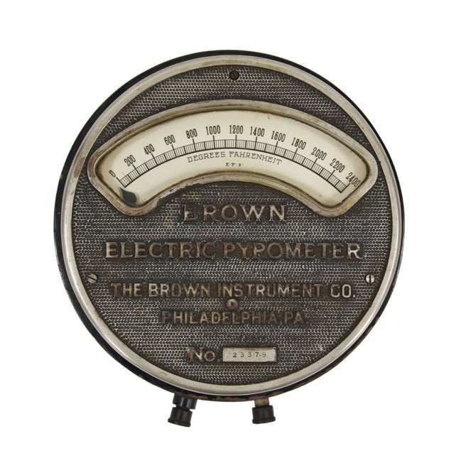 early 20th century vintage american industrial wall-mount nickel-plated cast iron "brown" electric pyrometer or gauge