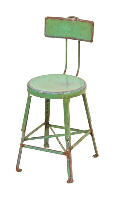 late 1930's vintage american industrial adjustable height heavy gauge steel riveted joint four-legged stationary stool with a slightly contoured backrest
