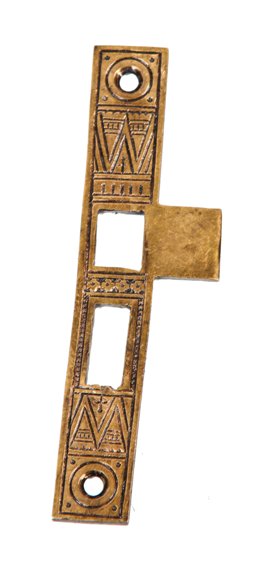 c. 1880's original american ornamental cast bronze "crisscross" pattern residential entrance door mortise lock strike plate
