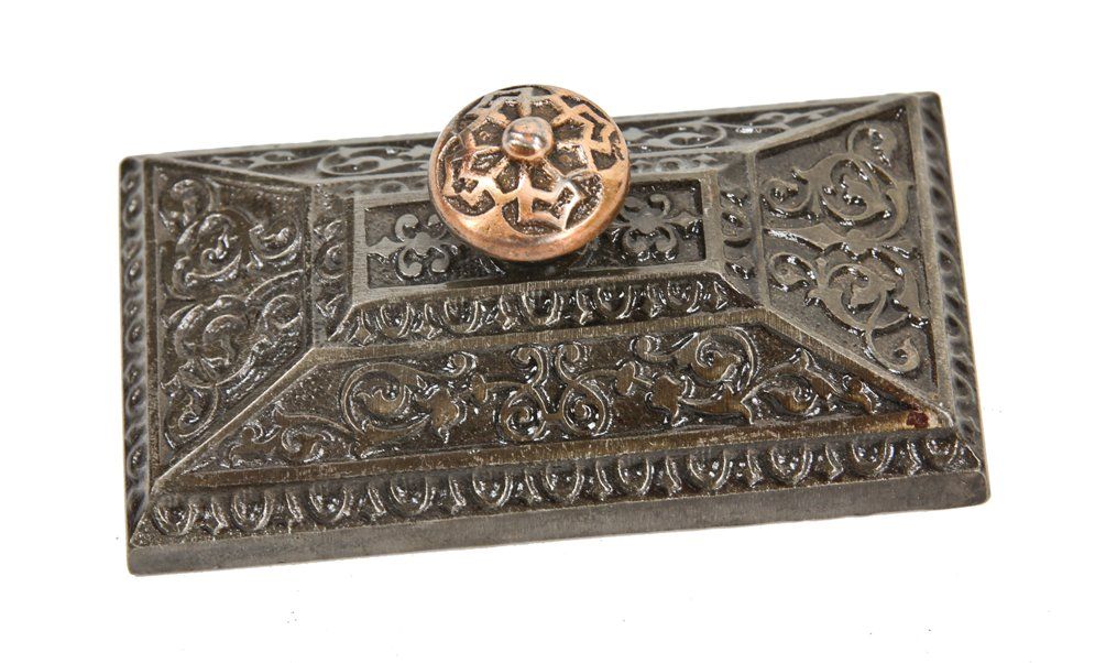 c. 1870's antique american ornamental cast iron pyramidal-shaped office desk paperweight with bronze knob or handle