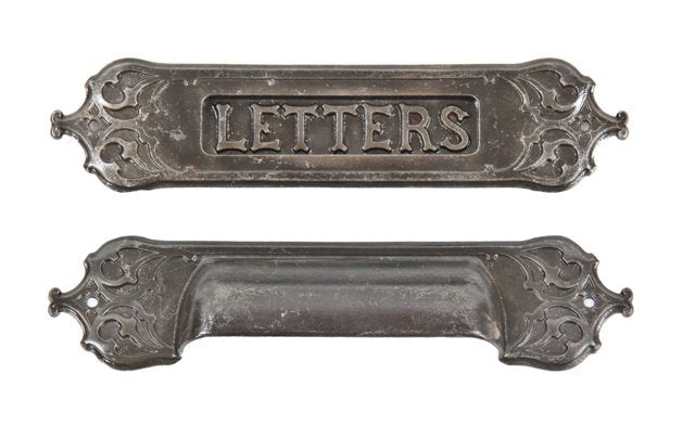 authentic c. 1890's american gothic style ornamental cast iron monadnock building interior office door "letters" mail slot and matching chute