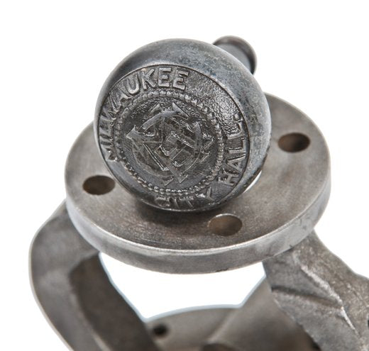hard to find late 19th century ornamental cast iron emblematic "screwless spindle" monogrammed milwaukee city hall doorknob with bower-barff finish