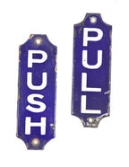 set of early 20th century american single-sided cobalt blue porcelain enameled "push" and "pull" commercial store door signs