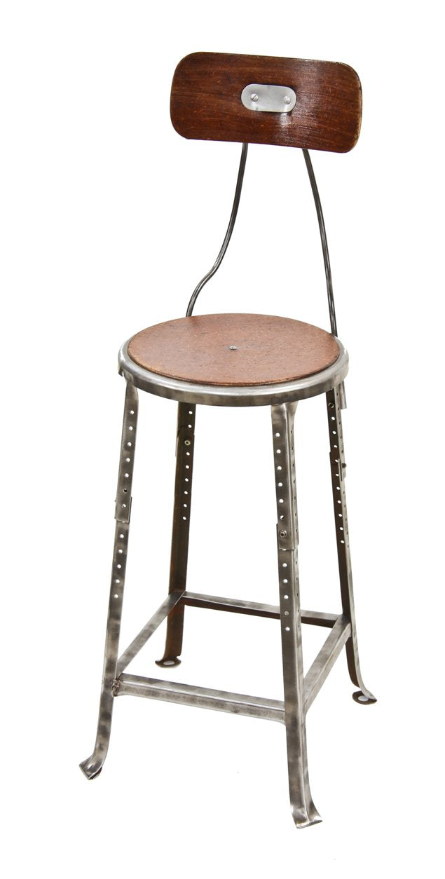 sturdy c. 1930's heavy gauge cold-rolled steel four-legged angled steel adjustable height factory stool with contoured maple wood backrest