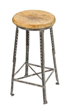 fully adjustable early 1920's american vintage industrial four-legged factory workbench stool with pre-drilled hole extensions