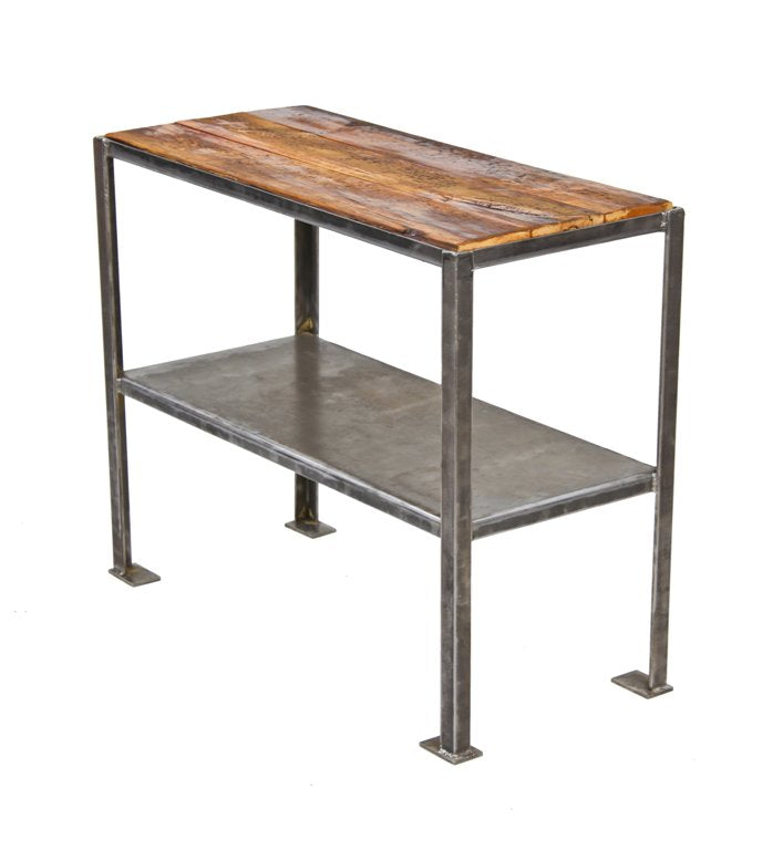 c. 1930's vintage american industrial heavy gauge welded joint angled steel four-legged work stand featuring a newly added tabletop with undershelf