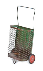 late 1940's vintage american industrial freestanding weathered green enameled steel mesh mobile shopping cart with bent steel rod handle