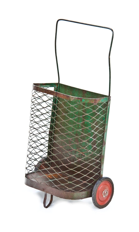 late 1940's vintage american industrial freestanding weathered green enameled steel mesh mobile shopping cart with bent steel rod handle