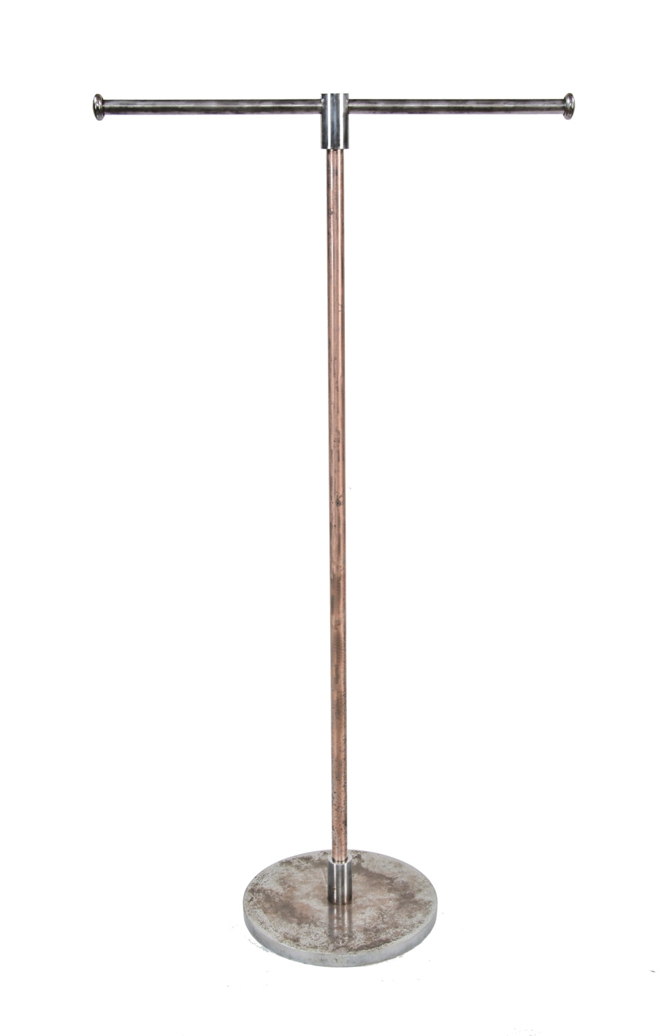 original early 1940's american vintage industrial freestanding double-arm department store garment rack with a partially intact copper-plated finish