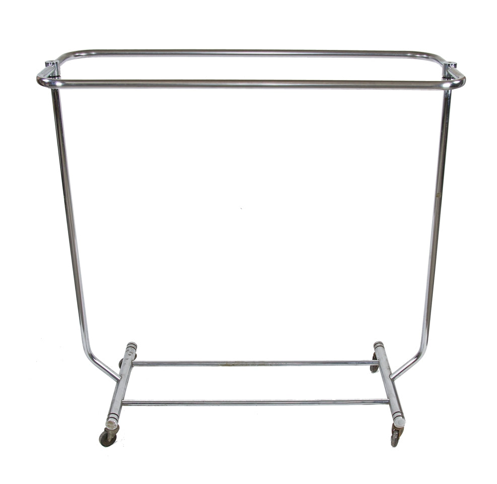 c. 1930's american art deco machine age mobile woolworths store chrome plated tubular steel oversized garment rack with baked black enameled accent