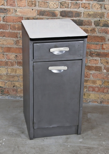 vintage american c.1940's medical freestanding hospital examination room folded and pressed steel supply cabinet with white porcelain enameled tabletop