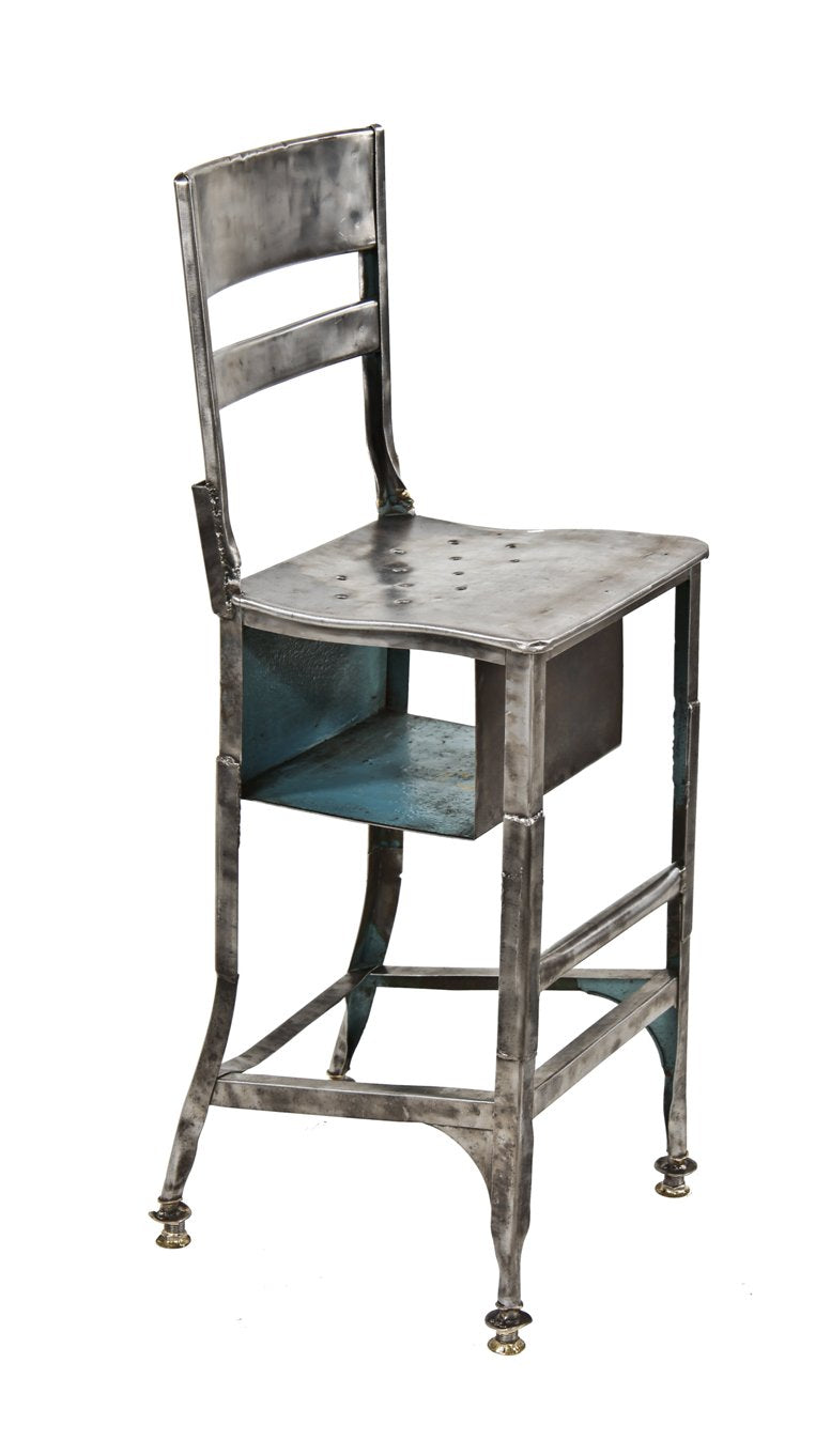heavily modified late 1930's american vintage industrial four-legged toledo factory workbench stool with custom-built compartment