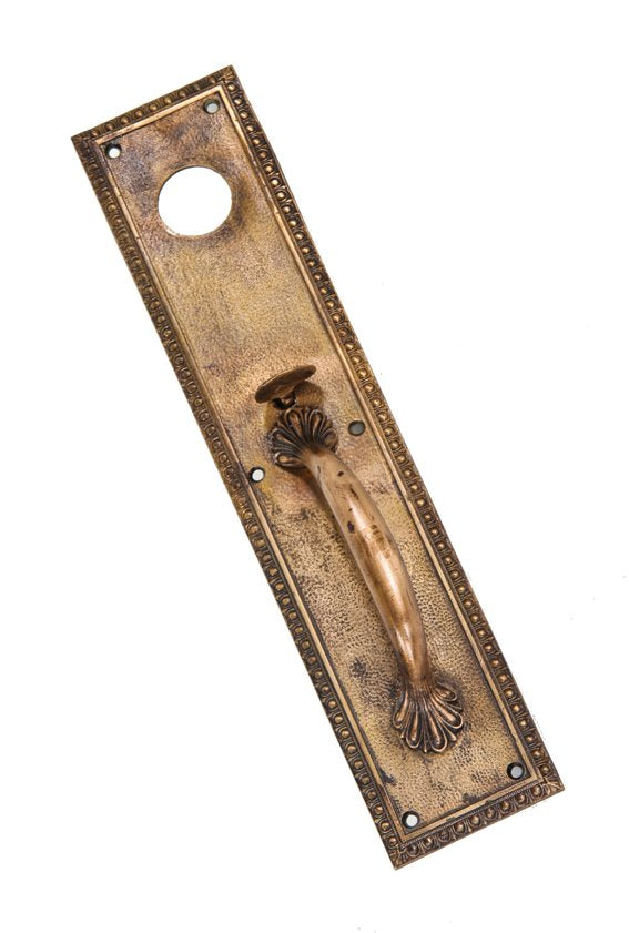 original early 20th century ornamental cast bronze antique american exterior commercial store door thumblatch handle or pull