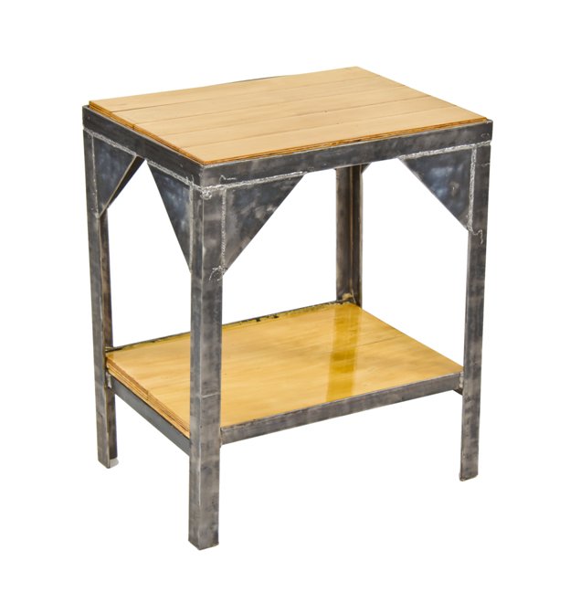 original and heavily reinforced american industrial all-welded brushed thick steel two tier stationary work station with newly added varnished maple wood inlay