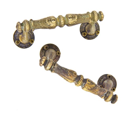 set of original early 20th century highly ornamented neoclassical style cast brass cook county building office window pulls or handles