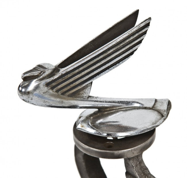 original c. 1930's antique american art deco streamlined style chrome-plated cast aluminum machine era chevy opera coupe figural automobile hood ornament or radiator cap