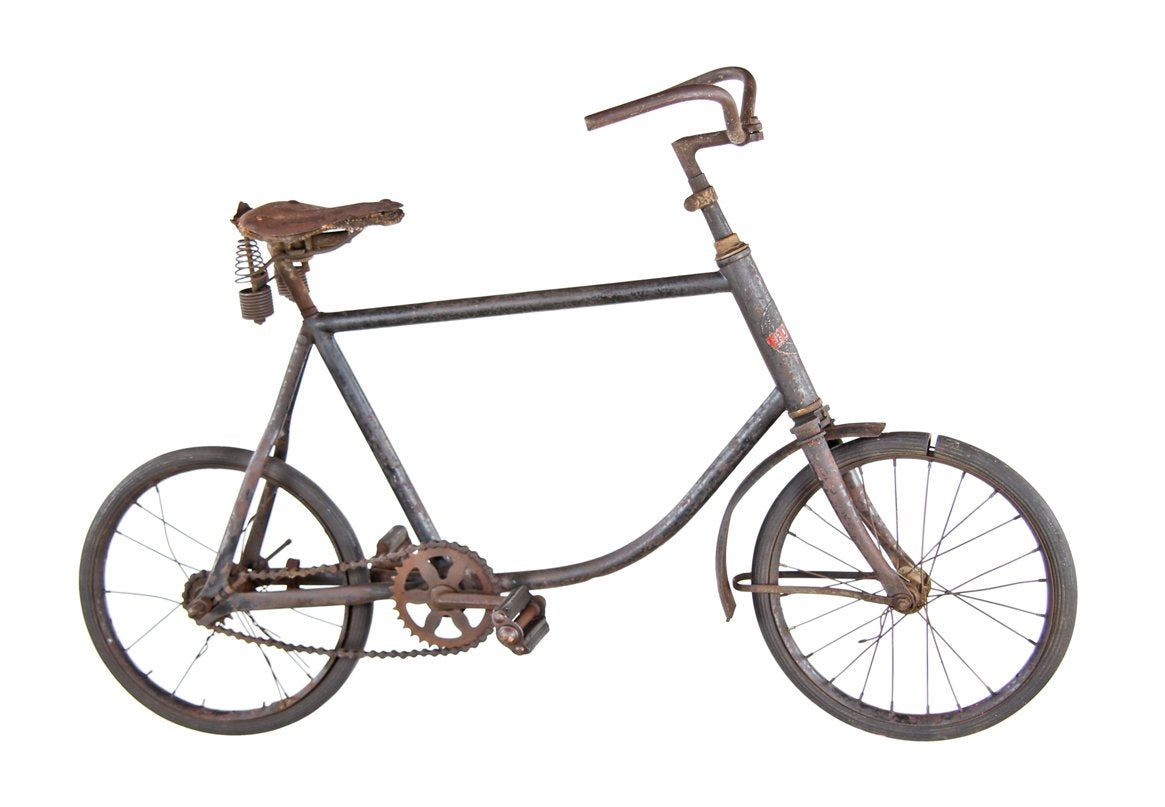 largely intact late 19th century original "iroquois" diminutive sidewalk children's display bicycle with original stamped brass head badge