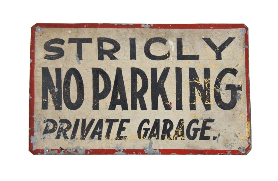 c. 1920's original hand-painted american folk art single-sided galvanized tin "no parking" sign with all-over crazed finish