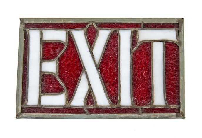 original c. 1926 american antique interior chicago granada theater auditorium leaded stained glass ruby red "exit" illuminated can inset or panel