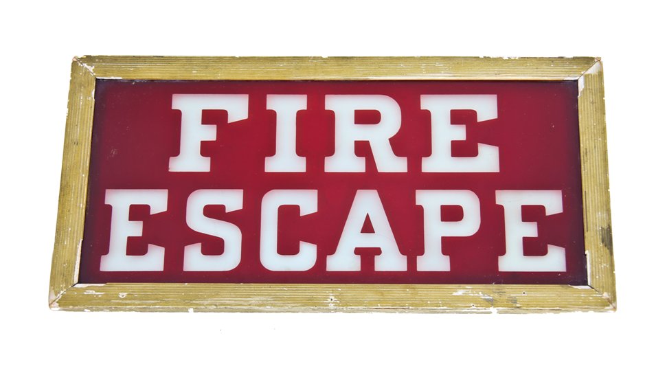 original c. 1926 american antique deeply etched ruby red flash glass "fire escape" panel from the non-extant granada theater