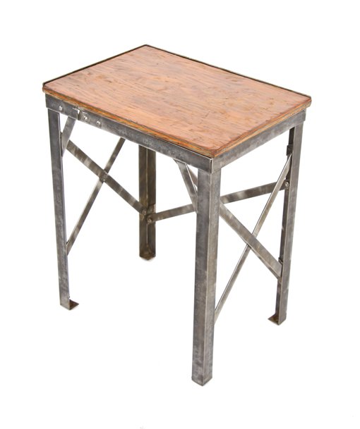 unique custom-built c. 1930's american vintage industrial riveted joint brushed metal angled steel factory work stand with varnished wood top