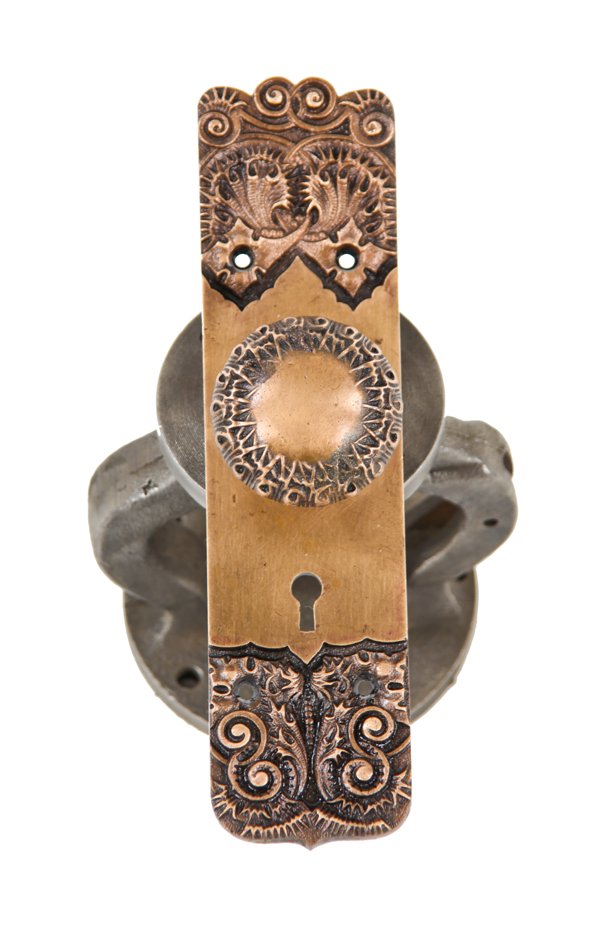original late 1880's antique american art nouveau sullivanesque style "thistle" pattern ornamental cast bronze doorknob and matching escutcheon