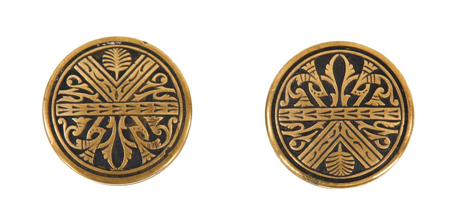 two matching c. 1880's american ornamental cast bronze drum-shaped "egyptian" pattern doorknobs with intact black enameled inlay