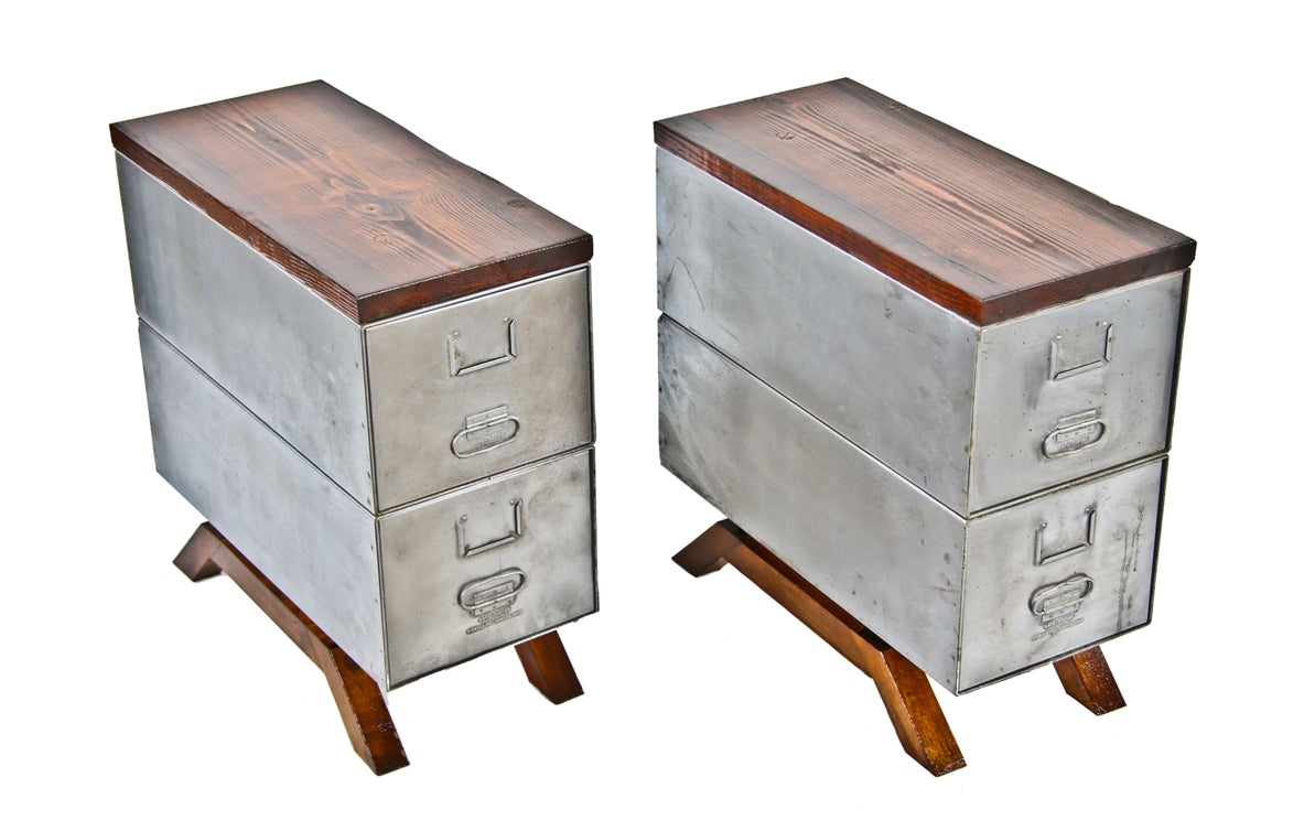 matching set of early c. 1950's american industrial "safe-t-stak" repurposed side tables or nightstands with brushed steel sliding drawer cabinets