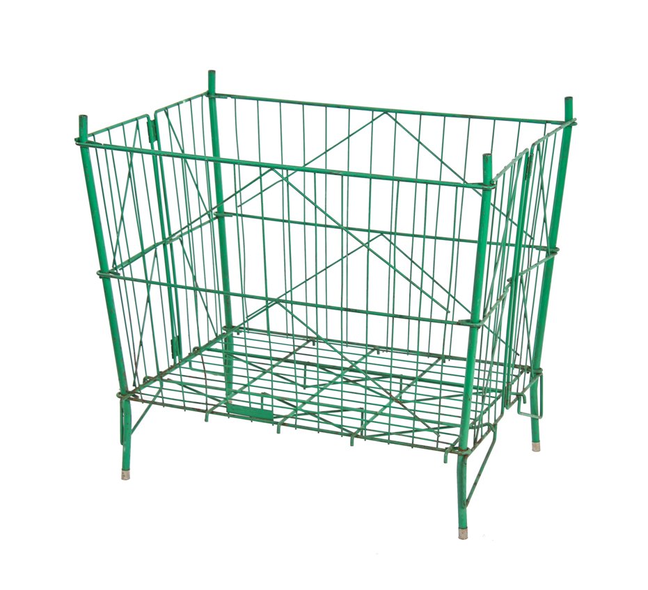 original vintage american industrial oversized collapsible original sea green enameled steel wire product storage crib with tubular metal legs