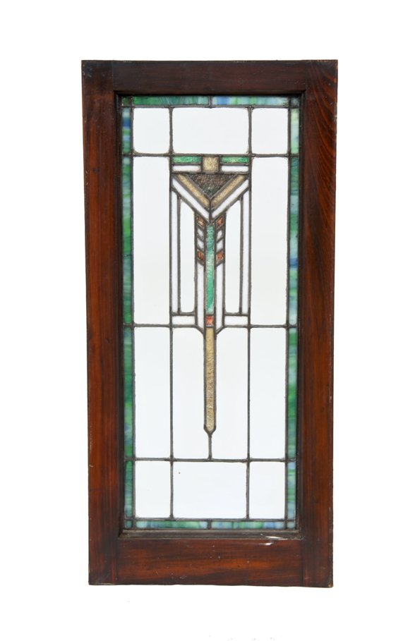 impressive early 20th century american prairie style "wrightesque" designed leaded art glass interior residential window with chevron motif