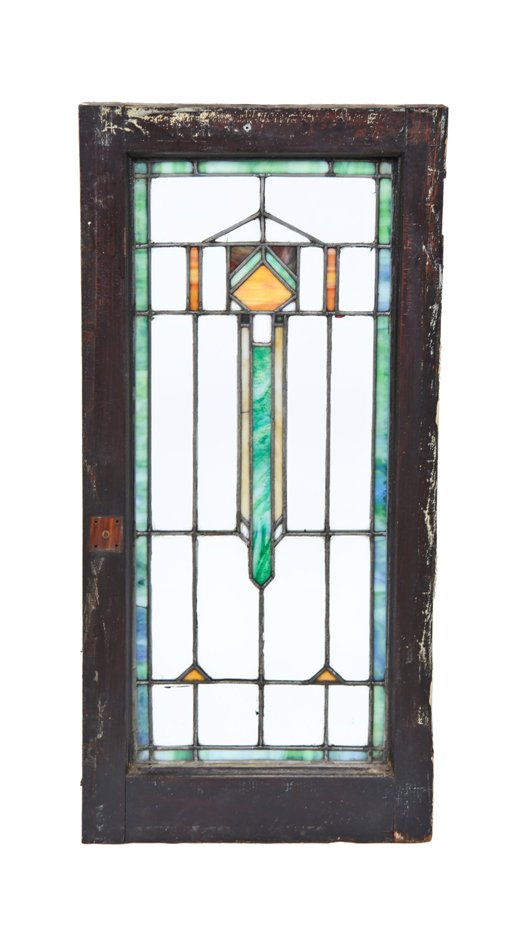 c. 1910-15 american prairie school interior residential art glass window featuring brightly colored slag glass geometric design motifs