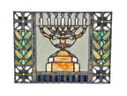 exceptionally well-made and richly colored american leaded stained glass emblematic synagogue window featuring a menorah mounted on tiered pedestal