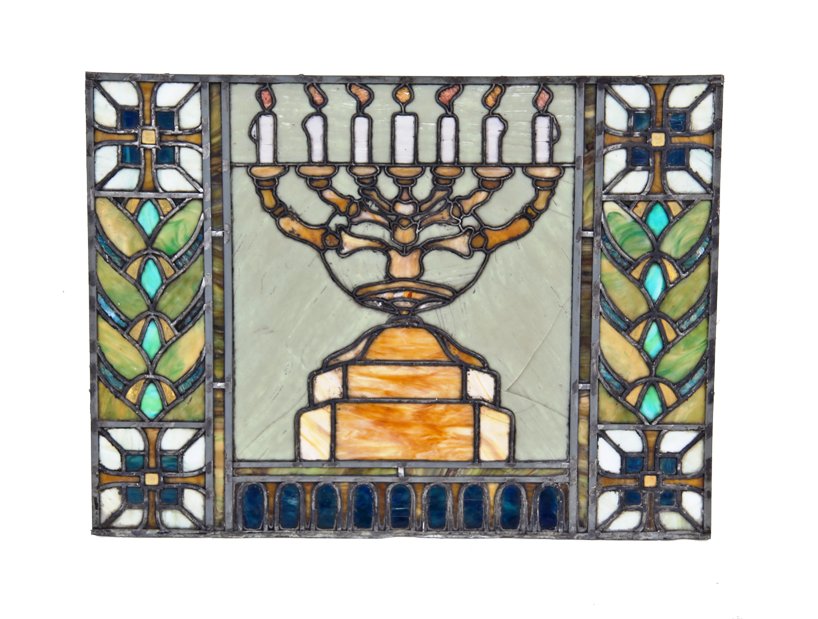 exceptionally well-made and richly colored american leaded stained glass emblematic synagogue window featuring a menorah mounted on tiered pedestal