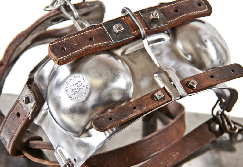 refinished vintage american industrial 1930's reinforced leather and steel patented bull halter and controller