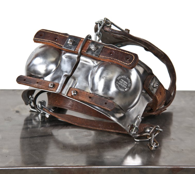 refinished vintage american industrial 1930's reinforced leather and steel patented bull halter and controller