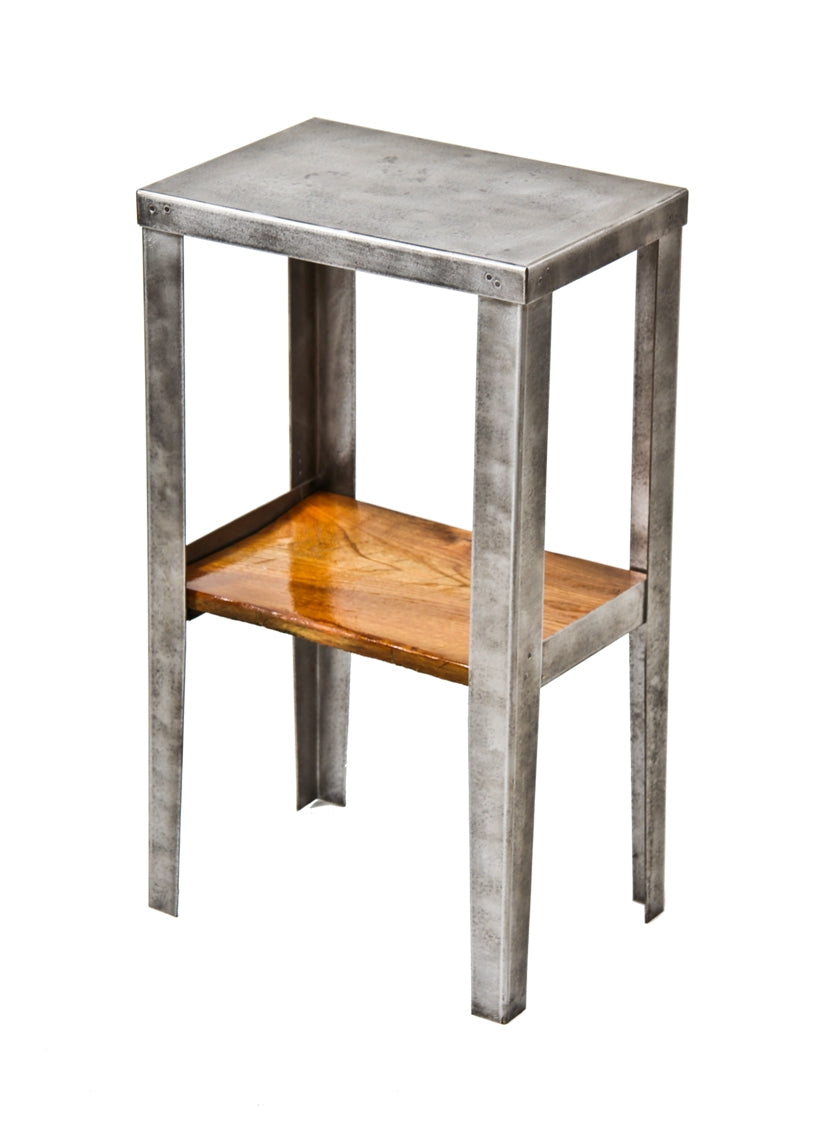 very clean and compact freestanding vintage american custom built industrial riveted joint steel work stand or table with birch wood undershelf