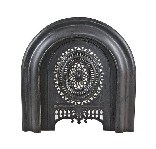 original and intact 19th century american victorian era "japanned" ornamental cast iron arch top fireplace summer cover with matching surround