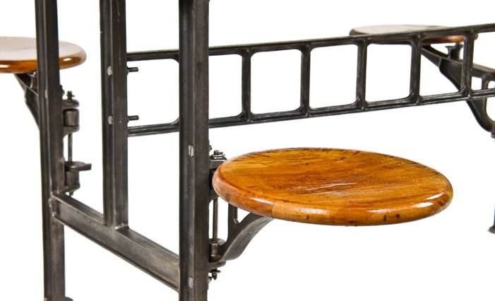 hard to find and highly desirable early 20th century american vintage industrial refinished four swing-out seat "sani" factory lunch hall table