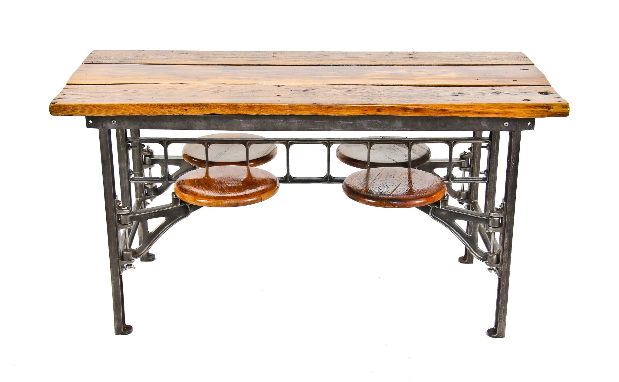 hard to find and highly desirable early 20th century american vintage industrial refinished four swing-out seat "sani" factory lunch hall table