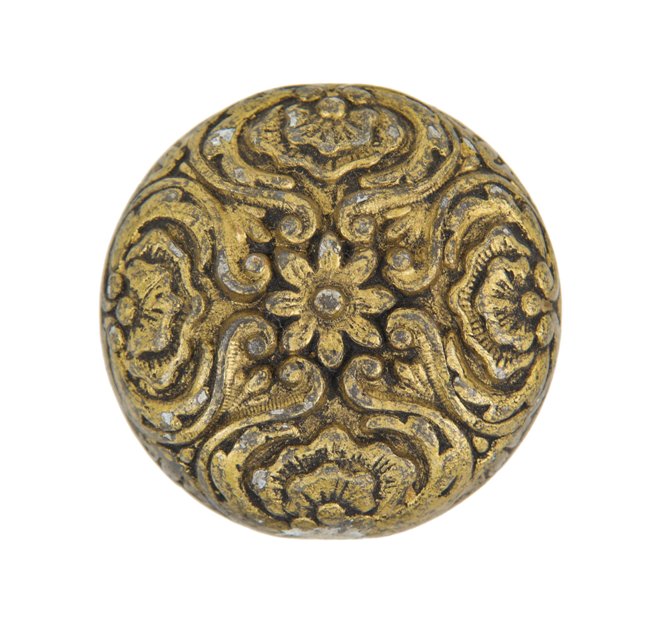 original american antique civil war-era ornamental pewter metal passage size doorknob with footed shank and gold leaf surface finish
