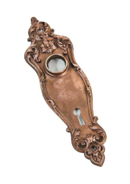 single early 20th century original american interior residential copper-plated cast iron "piccadilly" pattern passage door backplate