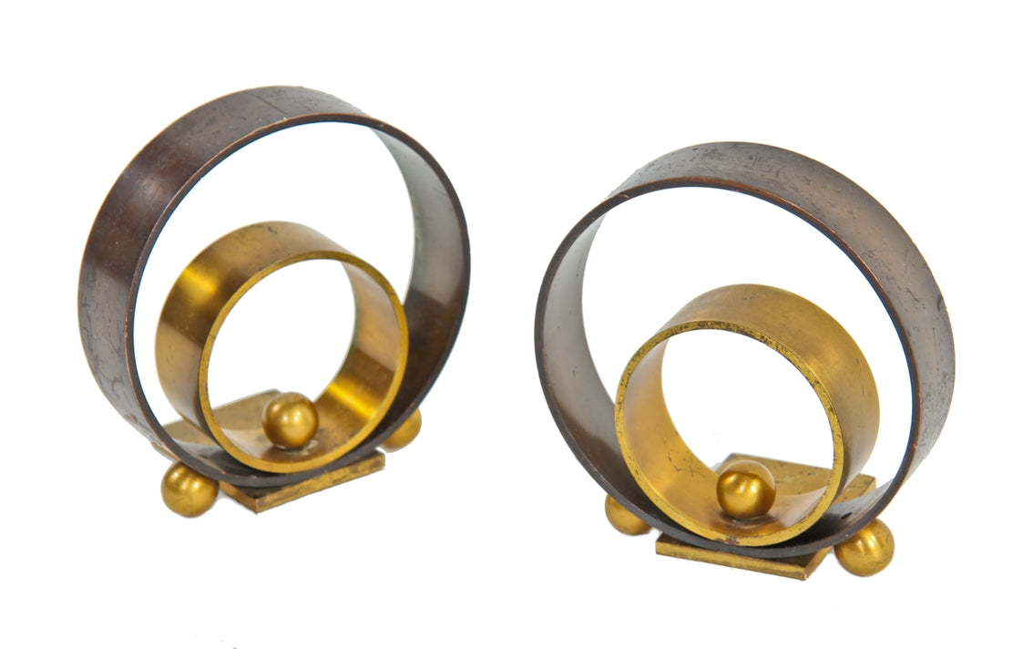 original and completely intact c. 1930's american art deco style machine age geometric concentric ring brass and copper metal walter von nessen bookends