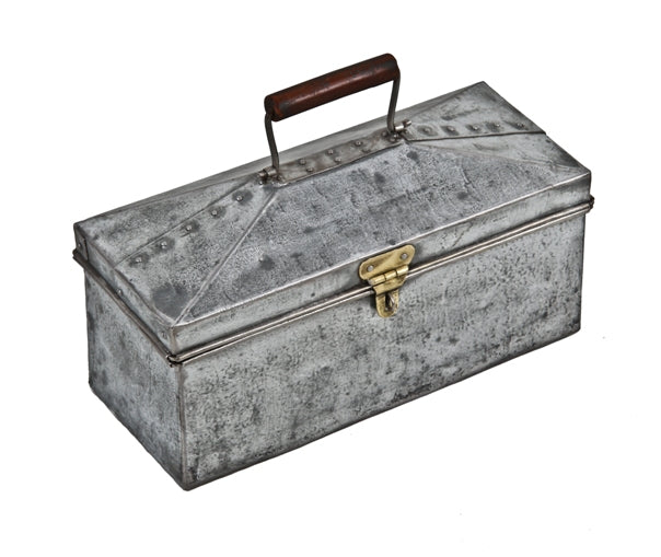 original c. 1922 vintage american industrial reinforced riveted joint galvanized steel diminutive pipefitter's tool chest with yellow brass hasp