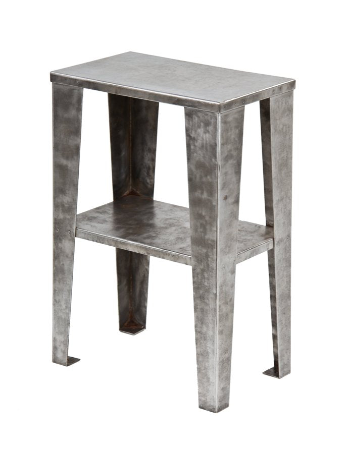 very clean and sleek c. 1940's reinforced american industrial heavy gauge brushed steel four-legged factory workstand or table with undershelf
