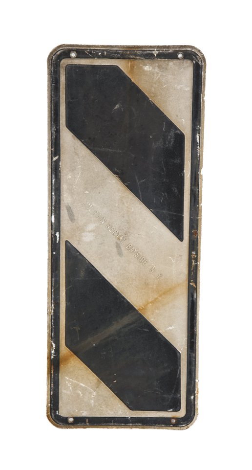 c. 1950's vintage american industrial single-sided heavy gauge black and white angled stripe bridge abutment collision warning or cautionary sign