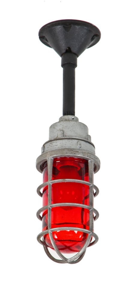 unique vintage american industrial ceiling mount factory pendant light fixture with original and intact ruby red glass "explosion proof" bulb guard