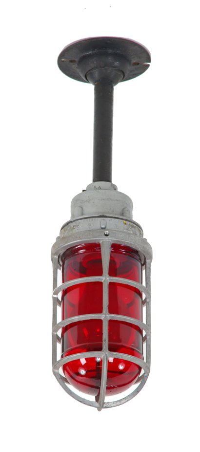 intact "killark" interior ceiling mount factory pendant "explosion proof" light with ruby red glass threaded-end bulbguard and swivel canopy