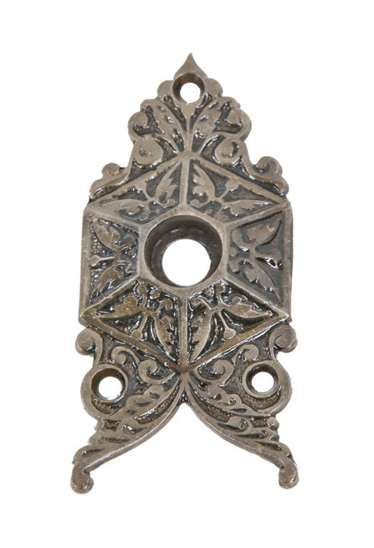 original c. 1870's american antique ornamental cast iron triangular-shaped doorknob backplate or escutcheon with baked black enameled inlay